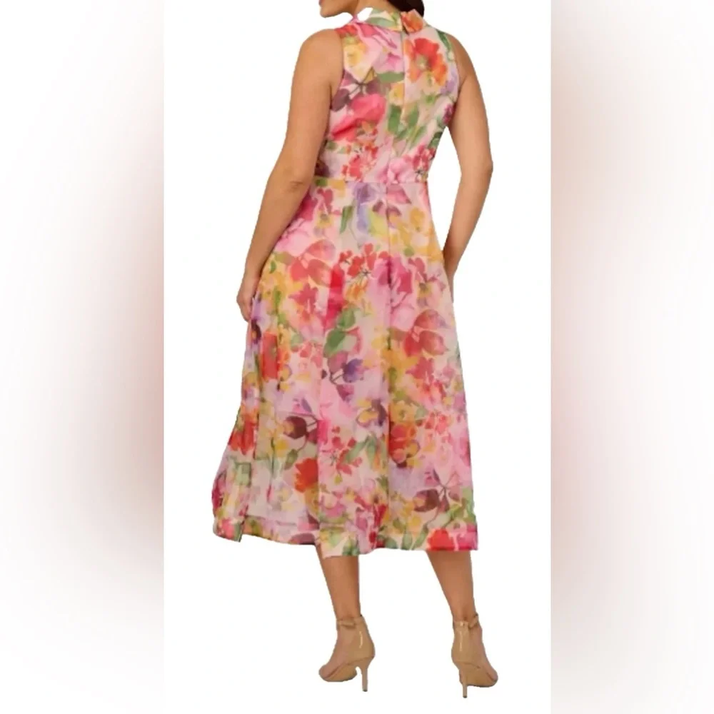 NEW Womens Plus 14W Adrianna Papell Print High-Low Midi Dress Pink Multi $259 - Picture 3 of 12